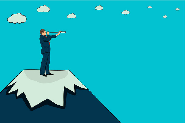Businessman stands on top of a mountain and looks at new goals - Vector, Image