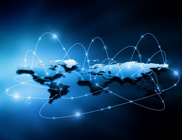 Mapa do mundo sobre um fundo tecnológico, linhas brilhantes símbolos da Internet, rádio, televisão, comunicações móveis e por satélite
. - Foto, Imagem