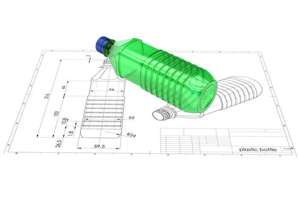 エンジニア リング図面上のプラスチック製のボトルの 3 d イラストレーション - 写真・画像
