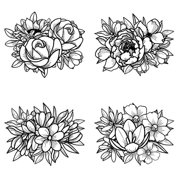 Set of four ornate flower bouquets isolated on white background - Vektori, kuva