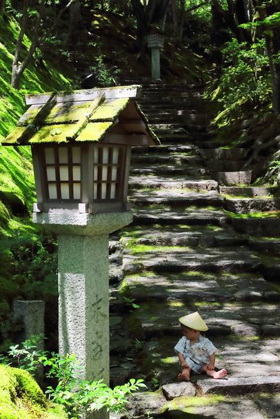 Piccolo bambino che indossa un tradizionale yukata personalizzato gioca con le foglie della foresta mentre seduto sopra i gradini di pietra delle scale d'ingresso principale del tempio Jojakko-ji, Kyoto
. - Foto, immagini