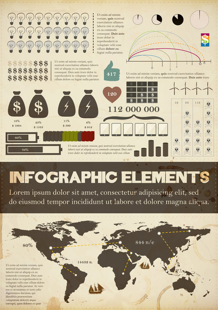 Retro infographics collection. World Map, Information Graphics. Old style set. Old paper texture - Vektor, Bild