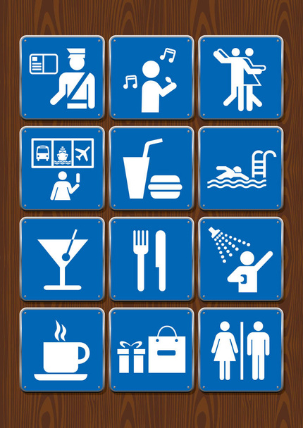 Set Ikonen des Badezimmers, Karaoke, Disco, Bar, Restaurant, Pool, Dusche, Cafeteria, Zoll. Symbole in blauer Farbe auf Holzgrund. Vektorbild - Vektor, Bild