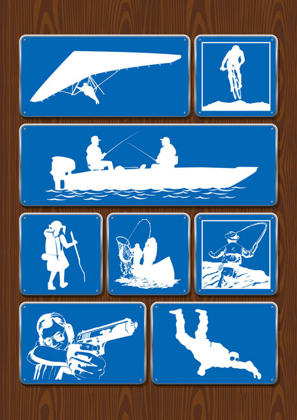 Conjunto de ícones de atividades ao ar livre: parapente, ciclismo, pesca, caminhadas, tiro ao alvo, mergulho. Ícones na cor azul no fundo de madeira. Imagem vetorial
 - Vetor, Imagem
