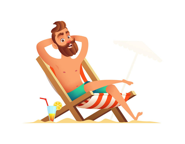 Vousáč na dovolené. Muž sedí v plážovém křesle nebo na lehátku pod slunečníkem a opaluje se na pobřeží. Koncept ilustrace - Vektor, obrázek