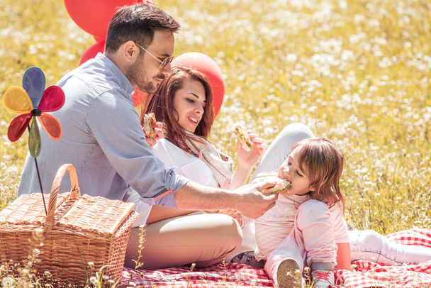 Matka, ojciec i córka jedzenia Kanapki, na pikniku w parku. - Zdjęcie, obraz