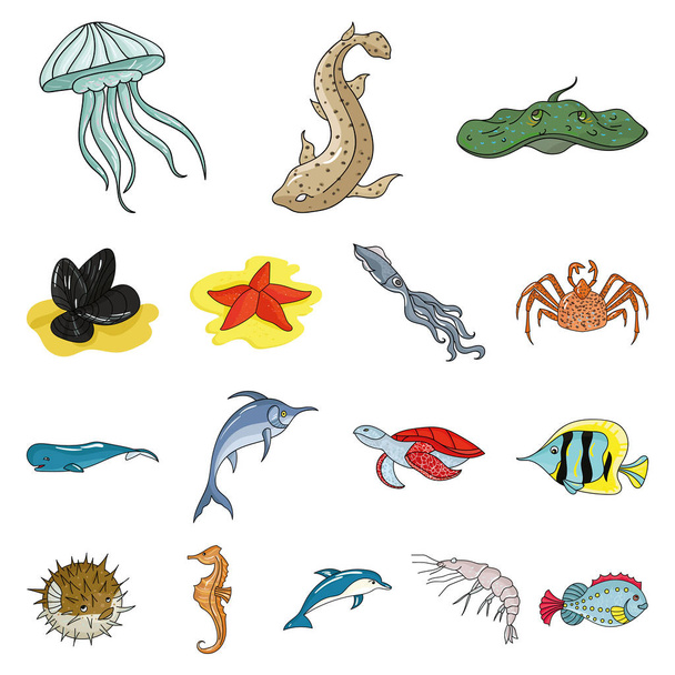 A variety of marine animals cartoon icons in set collection for design. Fish and shellfish vector symbol stock web illustration. - Vektori, kuva