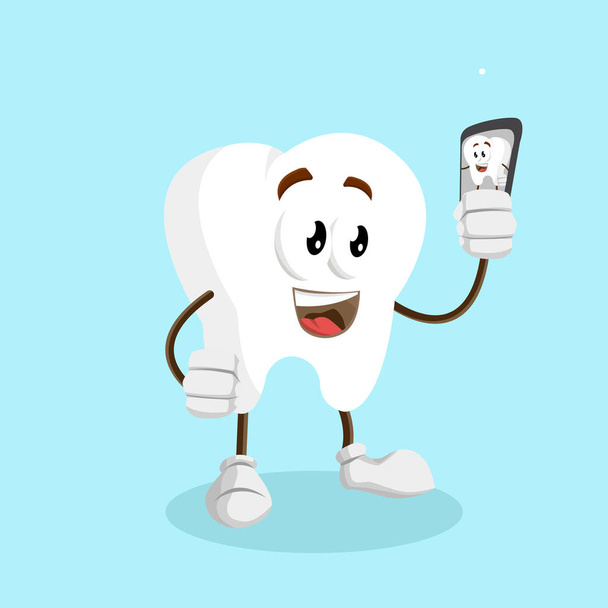 Tooth mascot and background with selfie pose with flat design style for your mascot branding. - Vector, Image
