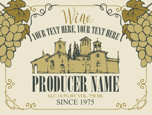 etiqueta de vinho com paisagem de aldeia e uvas
 - Vetor, Imagem
