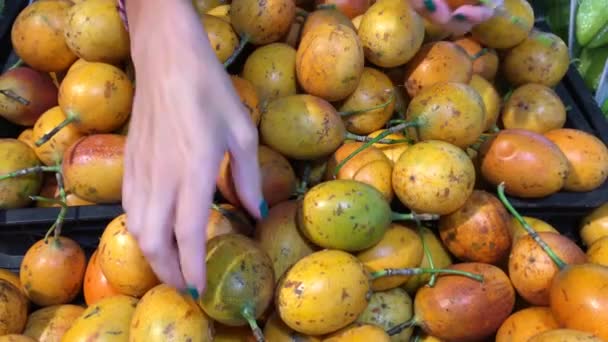 Mujer mano selección fresca fruta de la pasión exótica orgánica en el supermercado. Asia meridional, Indonesia, Bali
. - Metraje, vídeo