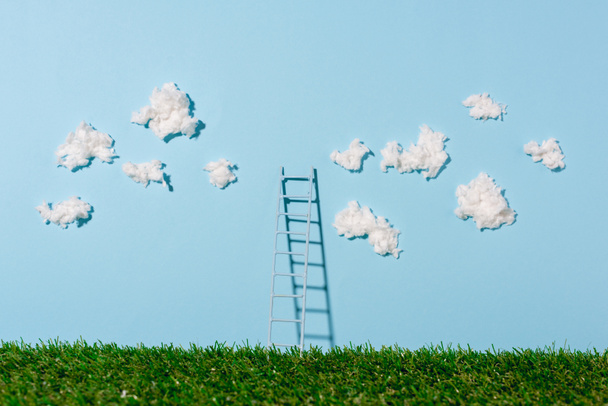 kleine ladder staande op groen gras en een blauwe hemel met wolken - Foto, afbeelding