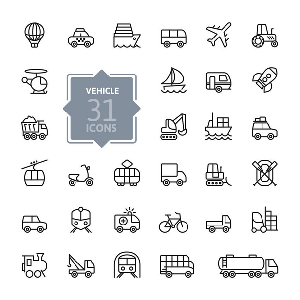 Elementos de transporte, vehículo y entrega: conjunto de iconos web de línea delgada mínima. Esquema de la colección de iconos. Ilustración simple vector. - Vector, imagen