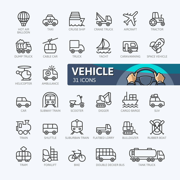 Транспортные, транспортные и доставочные элементы - минимальный набор иконок тонкой линии. Коллекция контуров иконок. Простая векторная иллюстрация. - Вектор,изображение