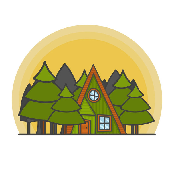 Cartoon scene with house in the forest illustration. Doodle vector, hand drawn building. - Vektor, obrázek