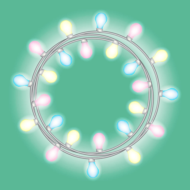 Garland in form of circle with glowing lights isolated on mint background. Vector design element for Holiday cards, Christmas, New Year, birthday, party. Illuminated banner Template or mock up  - Vektor, Bild