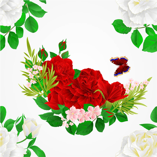 Απρόσκοπτη υφή κόκκινα και άσπρα τριαντάφυλλα και να επιστήσω την πεταλούδα εκλεκτής ποιότητας φόντο εορταστική διανυσματικά εικονογράφηση επεξεργάσιμο χέρι  - Διάνυσμα, εικόνα