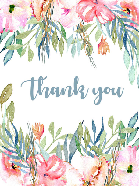 Oeillets de champ aquarelle rose, modèle de carte de branches bleu et vert, dessiné à la main sur un fond blanc, conception de carte de remerciement
 - Photo, image