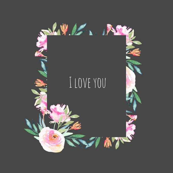 Claveles de campo rosado tierno acuarela, rosas, marco de ramas azul y verde, dibujado a mano sobre un fondo oscuro, diseño de tarjeta de amor
 - Foto, Imagen