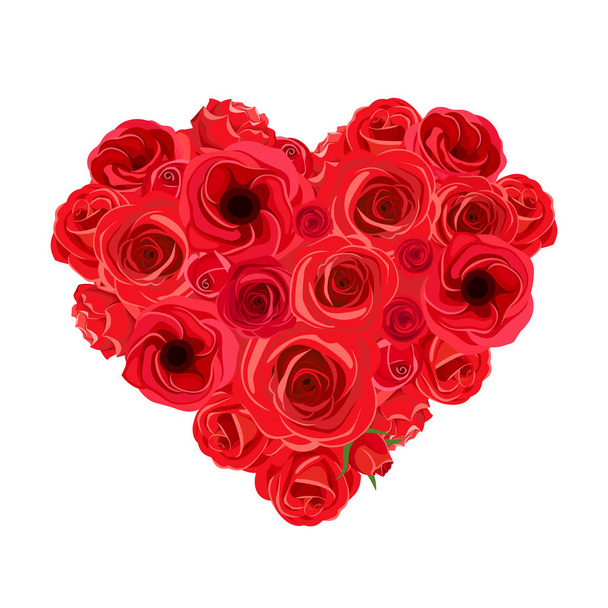 Vector heart bouquet of red roses and lisianthus flowers isolated on a white background. - Vector, Image
