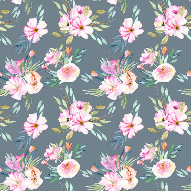 Watercolor field carnations, roses and green branches bouquets seamless pattern, hand drawn on a dark blue background - Photo, Image