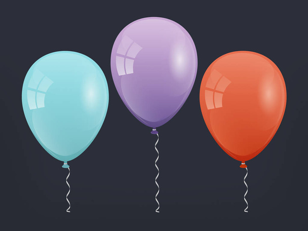Colorful Balloons with ribbons, Simple Vector Illustration Design Element, with reflections Isolated on dark background - Вектор,изображение