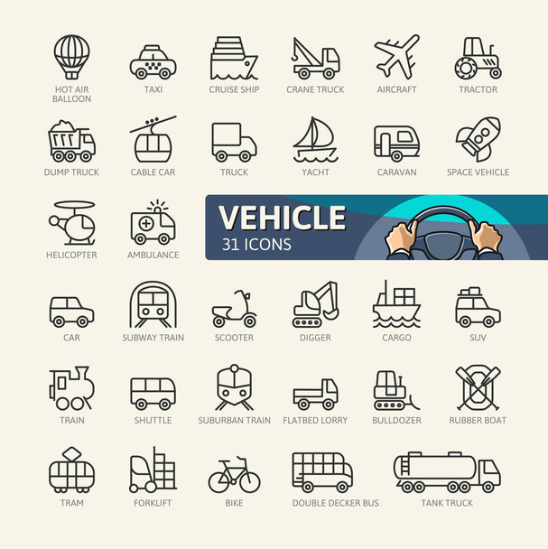 Elementos de transporte, vehículo y entrega: conjunto de iconos web de línea delgada mínima. Esquema de la colección de iconos. Ilustración simple vector. - Vector, Imagen
