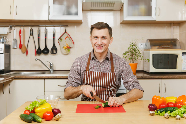 Handsome smiling caucasian young man in an apron, brown shirt si - Φωτογραφία, εικόνα
