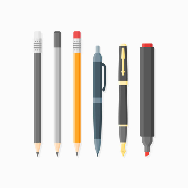 Kuličkové pero, hrot, tužky a značka izolovaných na bílém pozadí. - Vektor, obrázek