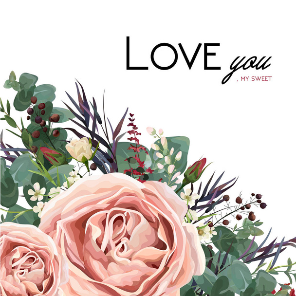 Vector floral watercolor style card design: Lavender antique pink garden Rose Eucalyptus greenery, thyme, agonis colorful leaf, berry frame, border. Vector bohemian vintage wedding invite & copy space - Vektor, obrázek