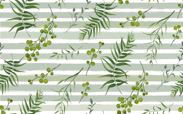 Palm different tree, foliage natural branches with green leaf berry tropical seamless pattern, watercolor style. Vector decorative beautiful cute elegant illustration on light blue stripped background - Vector, afbeelding