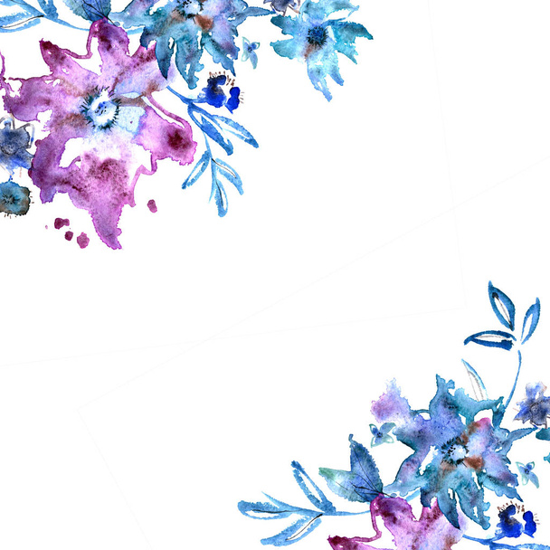 Χαριτωμένο ακουαρέλα χέρι ζωγραφισμένα λουλούδια. Πρόσκληση. Κάρτα γάμου. Κάρτα γενεθλίων - Φωτογραφία, εικόνα