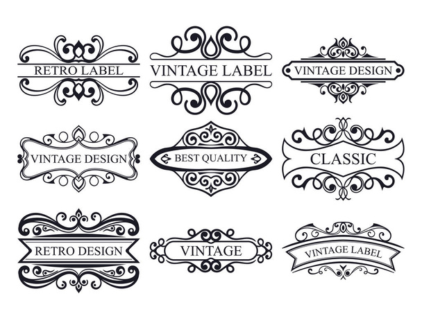 Set of vintage calligraphic labels. Ornate logo templates for design of invitations, greeting cards, banners, posters, placards, badges, hotel, restaurant and business identity. Vector illustration. T - Vector, Image