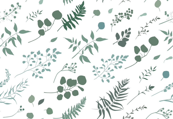 Seamless pattern of Eucalyptus palm fern different tree, foliage natural branches, green leaves, herbs, berries tropical heel hand drawn silhouette watercolor Vector beauty elegant background on white - Vektor, obrázek