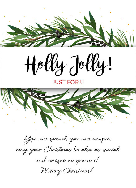 Vector greeting card, invite with Pine tree greenery branches, Eucalyptus Green leaf Wreath & black berry border, frame. Merry cute watercolor illustration. Merry Christmas copy space design template - Vetor, Imagem