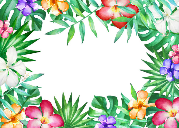 Watercolor frame with tropical leaves and flowers isolated on white background. Illustration for design of wedding invitations, greeting cards with space for text. - Foto, Imagem