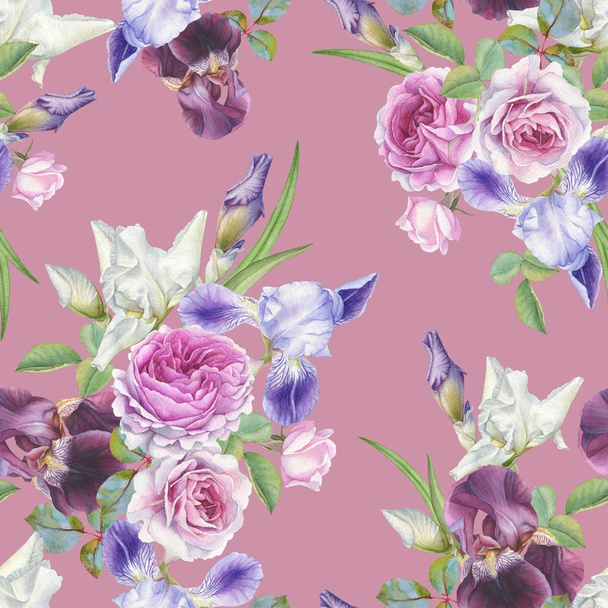 Floral seamless pattern with watercolor roses and irises - Valokuva, kuva