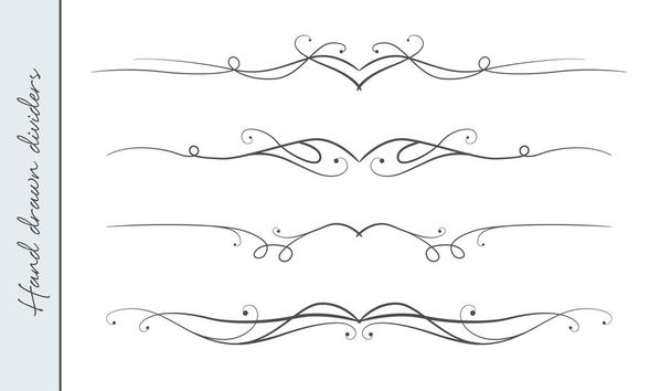 Vector hand drawn curve linear flourish, ornate text divider graphic design element set. Designer art border for Wedding invite card page decoration. Beauty calligraphic swirls, delicate motif pattern - Vector, Image
