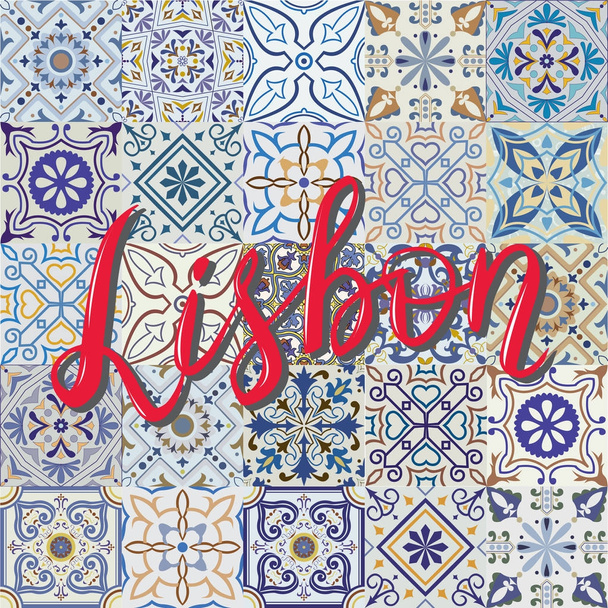 Word Lisbon on tile pattern background. - Vector, Image