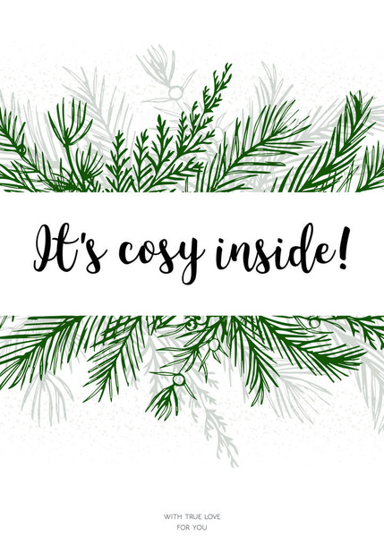 Merry Christmas New Year greeting card, postcard vector design: hand drawn green greenery winter tree, pine needles, juniper branch red wood, cedar leaf border frame. New year decorative template - Vector, afbeelding