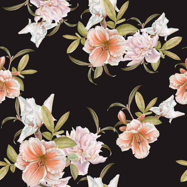 Floral seamless pattern with lily, peony, iris - Zdjęcie, obraz