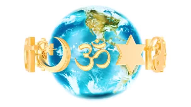 3d render beyaz arka plan üzerinde izole dünya Küre, dönen dinlerin sembolleri - Video, Çekim