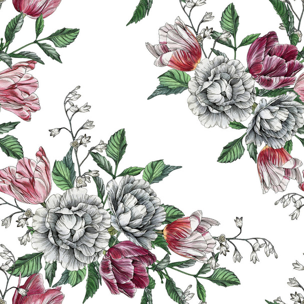 Floral seamless pattern with watercolor tulips and roses - Photo, Image