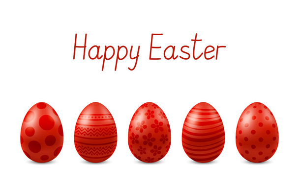 Tarjeta de felicitación Vector Happy Easter con huevos realistas aislados. Cinco huevos de Pascua de metal brillante rojo. Texto 'Feliz Pascua'. Fuente hecha a sí misma. Ilustración 3D
 - Vector, imagen