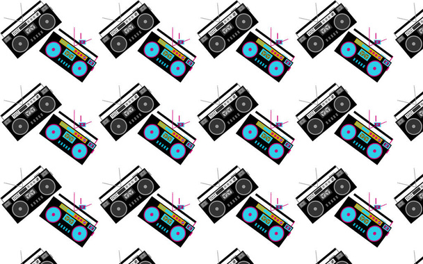Padrão de preto e branco e colorido, hipster, bonito, vintage retro gravadores de fita de áudio dos anos 80 em um fundo branco. Textura sem costura. Ilustração vetorial
. - Vetor, Imagem