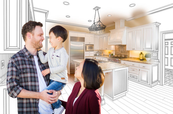 Young Mixed Race Caucasian and Chinese Family In Front of Custom Kitchen Drawing and Photo Combination. - Photo, Image