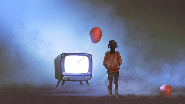Mädchen mit Blick auf roten Luftballon schwimmend aus dem Fernsehen auf dunklem Hintergrund, digitale Kunst Stil, Illustration Malerei - Foto, Bild