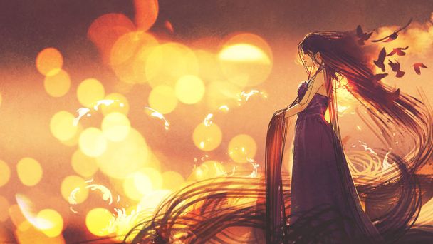 beautiful woman in purple dress with long hair standing against sunset background, digital art style, illustration painting - Photo, Image