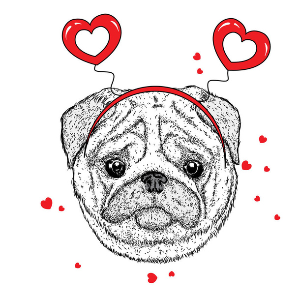 Funny dog in accessories with hearts. Vector illustration for a postcard or a poster, print for clothes. Valentine's Day, love and friendship. - Vektor, Bild