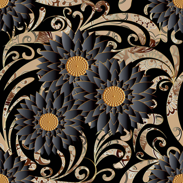Floral seamless pattern. Black flourish background wallpaper - ベクター画像