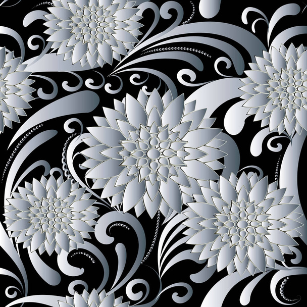 Floral seamless pattern. Black white 3d flourish background  - ベクター画像